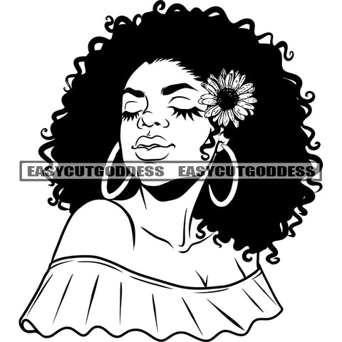 African American Woman Sexy Pose Flower On Hair Afro Curly Long Hairstyle Wearing Hoop Earing Design Element Close Eyes Black And White Artwork BW SVG JPG PNG Vector Clipart Cricut Silhouette Cut Cutting