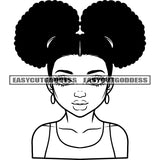 African American Girls Ponytail Stock Black And White Design Element Cute Afro Kid Wearing Hoop Earing BW Smile Face Vector SVG JPG PNG Vector Clipart Cricut Silhouette Cut Cutting