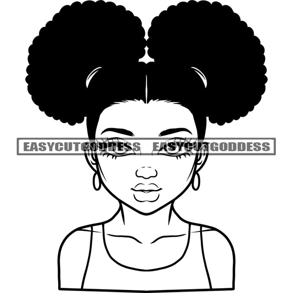 African American Girls Ponytail Stock Black And White Design Element Cute Afro Kid Wearing Hoop Earing BW Smile Face Vector SVG JPG PNG Vector Clipart Cricut Silhouette Cut Cutting