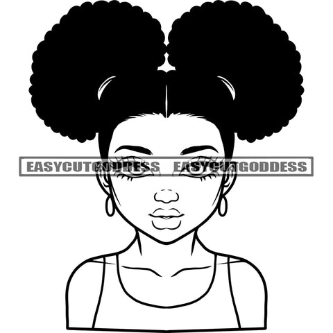 African American Girls Ponytail Stock Black And White Design Element Cute Afro Kid Wearing Hoop Earing BW Smile Face Vector SVG JPG PNG Vector Clipart Cricut Silhouette Cut Cutting