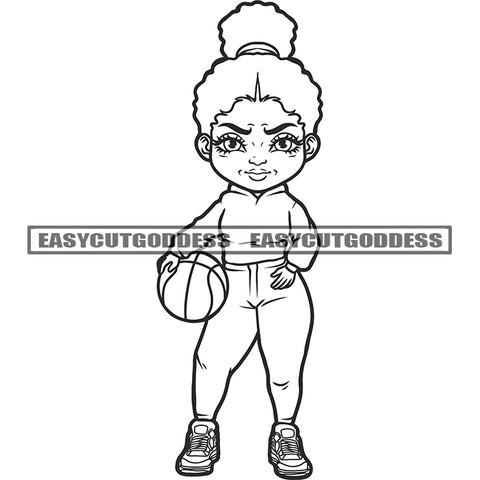 Black And White Afro Girls Holding Basketball Standing Design Element African American Girls Afro Hairstyle Wearing Shoes SVG JPG PNG Vector Clipart Cricut Silhouette Cut Cutting