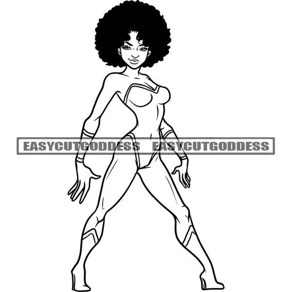 Superheroine African American Woman Standing Sexy Pose Black And White Artwork Afro Hairstyle Design Element SVG JPG PNG Vector Clipart Cricut Silhouette Cut Cutting
