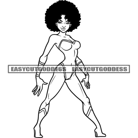 Superheroine African American Woman Standing Sexy Pose Black And White Artwork Afro Hairstyle Design Element SVG JPG PNG Vector Clipart Cricut Silhouette Cut Cutting