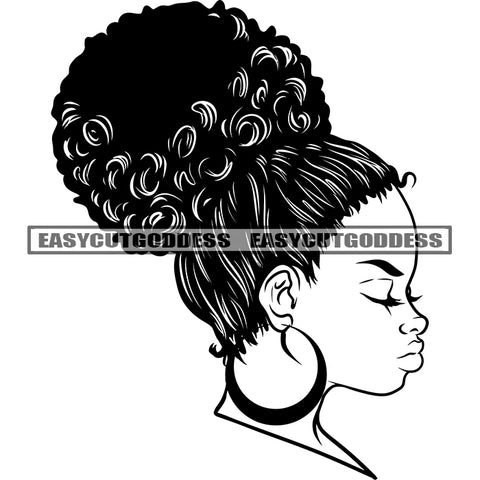 African Woman Side Face Wearing Hoop Earing Afro Hairstyle Design Element Black And White Artwork African American Woman Angry Face BW SVG JPG PNG Vector Clipart Cricut Silhouette Cut Cutting