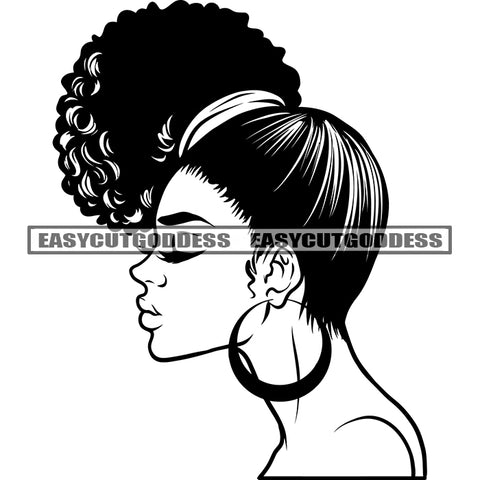 Angry Face African Woman Side Face Wearing Hoop Earing Afro Hairstyle Design Element Black And White Artwork African American Woman BW SVG JPG PNG Vector Clipart Cricut Silhouette Cut Cutting