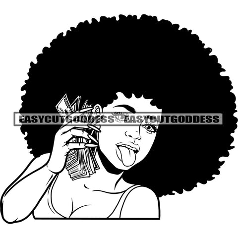 African American Woman Holding Money Bundle Use Phone Tongue Out Of Mouth Afro Hairstyle Design Element Black And White BW SVG JPG PNG Vector Clipart Cricut Silhouette Cut Cutting