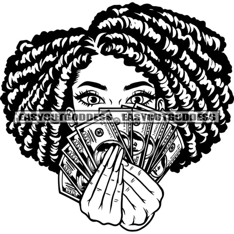 Afro Woman Holding Money Hide Face Locus Hairstyle Black And White Artwork Long Nail Design Element Sexy Eyes SVG JPG PNG Vector Clipart Cricut Silhouette Cut Cutting