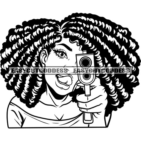 African American Sexy Woman Holding Gun Locus Hairstyle Design Element Tongue Out Of Mouth Sexy Pose BW SVG JPG PNG Vector Clipart Cricut Silhouette Cut Cutting