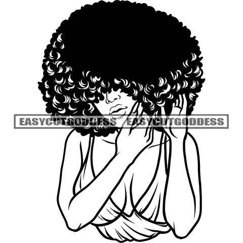 African Woman Side Face Wearing Hoop Earing Afro Hairstyle Design Element Black And White Artwork African American Woman Angry Face BW SVG JPG PNG Vector Clipart Cricut Silhouette Cut Cutting