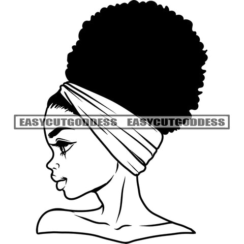 African Girls Side Face Wearing Hair Band Afro Hairstyle Design Element Black And White Artwork African American Cute Girls Face BW SVG JPG PNG Vector Clipart Cricut Silhouette Cut Cutting