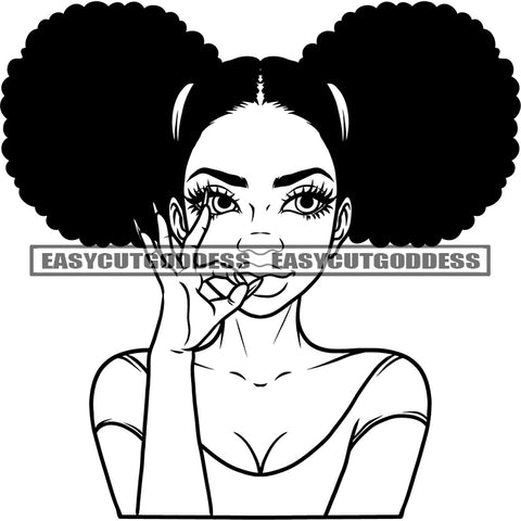 Ok Hand Sign Design African Girls Side Face Wearing Hair Band Afro Hairstyle Design Element Black And White Artwork African American Cute Girls Face BW SVG JPG PNG Vector Clipart Cricut Silhouette Cut Cutting