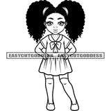 African American Girls Wearing Skirt Black And White Artwork Afro Hairstyle Design Element BW Cute Afro Kid Smile Face SVG JPG PNG Vector Clipart Cricut Silhouette Cut Cutting