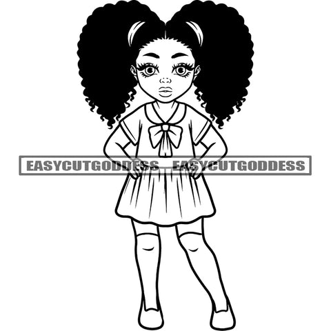 African American Girls Wearing Skirt Black And White Artwork Afro Hairstyle Design Element BW Cute Afro Kid Smile Face SVG JPG PNG Vector Clipart Cricut Silhouette Cut Cutting