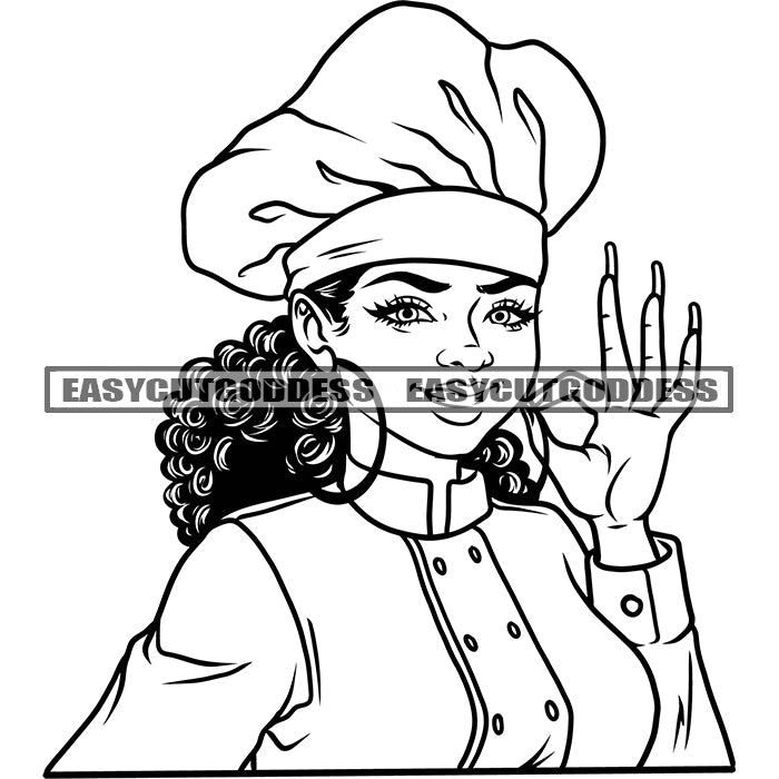 Ok Hand Sign African American Woman Wearing Hoop Earing And Chef Hat L ...