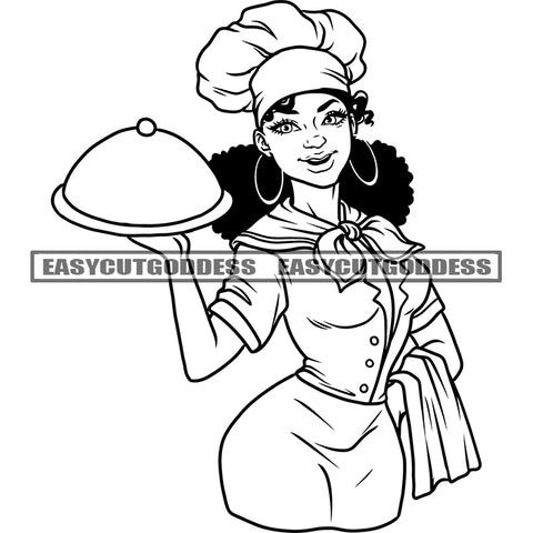 African American Sexy Chef Woman Wearing Hoop Earing And Chef Hat Long Nail Holding Plate Cook Smile Face Black And White Artwork Curly Hairstyle SVG JPG PNG Vector Clipart Cricut Silhouette Cut Cutting