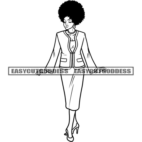 Black And White African Woman Full Body Afro Hairstyle American Woman Standing Close Eyes BW Artwork Model Braiding SVG JPG PNG Vector Clipart Cricut Silhouette Cut Cutting