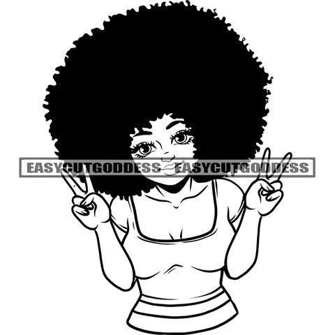 Peach Hand Sign African American Sexy Woman Afro Hairstyle Design Element Black And White Artwork Smile Face SVG JPG PNG Vector Clipart Cricut Silhouette Cut Cutting