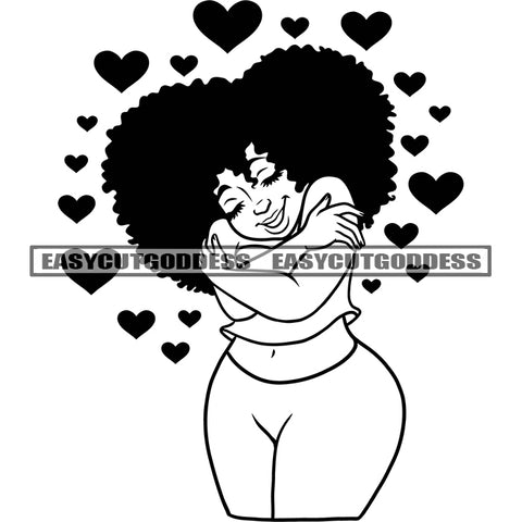 Afro Woman Felling Love And Happy Life African American Plus Size Woman Smile Face Afro Hairstyle Black And White Artwork Design Element Heart Symbol Fly SVG JPG PNG Vector Clipart Cricut Silhouette Cut Cutting