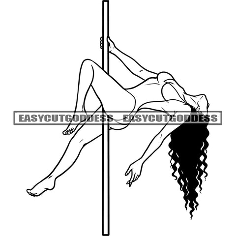 African American Woman Dancing On Pole Coloring Dancer Stick Silhouette Black And White Artwork Design Element SVG JPG PNG Vector Clipart Cricut Silhouette Cut Cutting