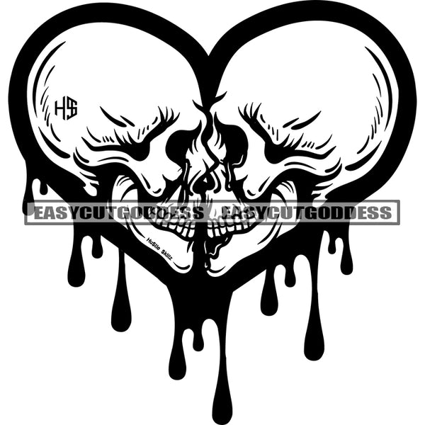Black And White Skull Skeleton Head Heart Pose Blood Dripping Skull Head Side Design Element BW Love Vector SVG JPG PNG Vector Clipart Cricut Silhouette Cut Cutting
