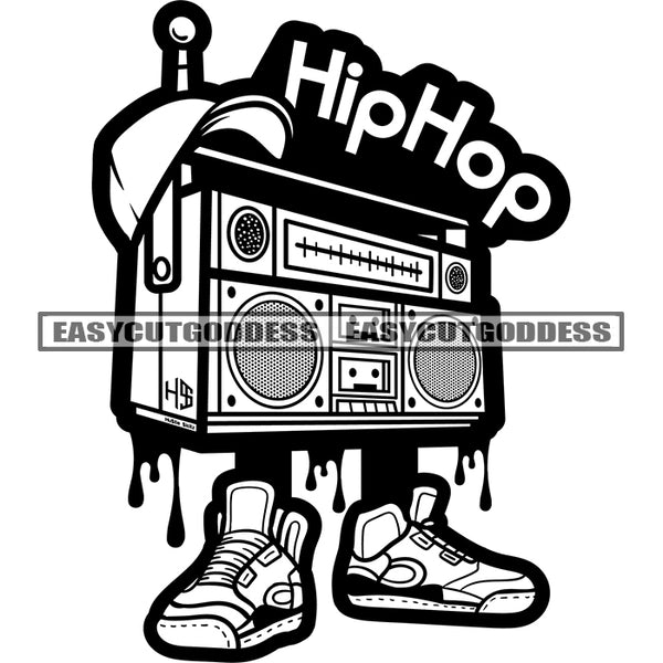 Hip Hop Quote Black And White Baseball Music Box Sneaker Money Box Wearing Hat Color Dripping Design Element Music Box Character SVG JPG PNG Vector Clipart Cricut Silhouette Cut Cutting