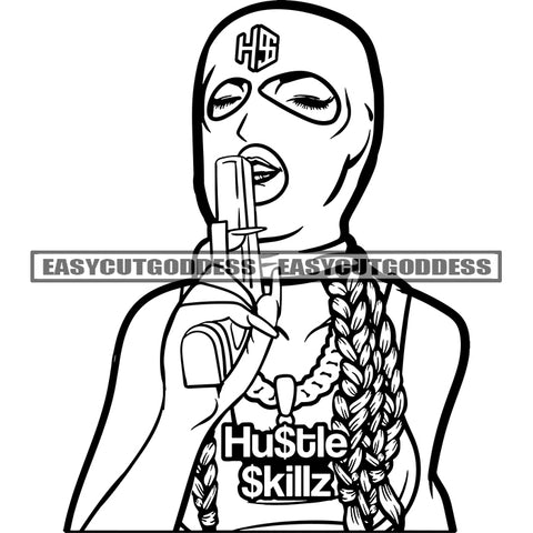 Hustle Skillz Quote Gangster African American Woman Holding Gun Wearing Face Musk Vector Design Element Long Hairstyle Smile Face SVG JPG PNG Vector Clipart Cricut Silhouette Cut Cutting