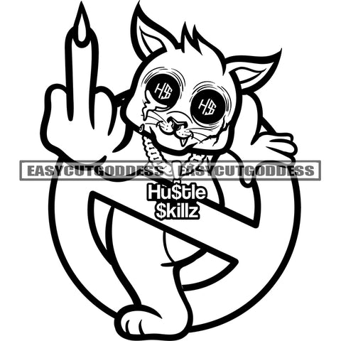 Gangster Scarface Cat Wearing Chain And Showing Middle Finger Stop Sign Dollar Sign On Eyes Cat BW Artwork SVG JPG PNG Vector Clipart Cricut Silhouette Cut Cutting