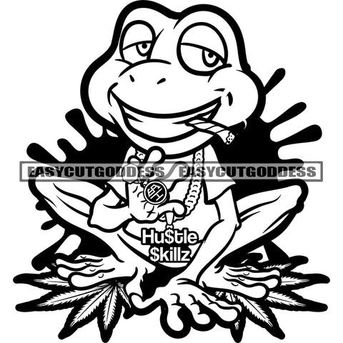 Funny Frog Cartoon Character Smoking Marijuana Smile Face Design Element Cigarette Swag Hand Sign Cartoon SVG JPG PNG Vector Clipart Cricut Silhouette Cut Cutting