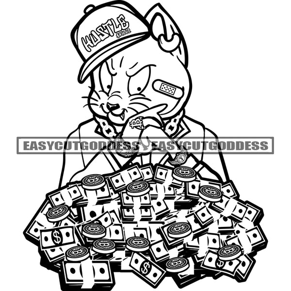 Gangster Cat Sitting Pose Wearing Chain And Cap Cat Scarface Smile Cat BW Artwork Design Element SVG JPG PNG Vector Clipart Cricut Silhouette Cut Cutting