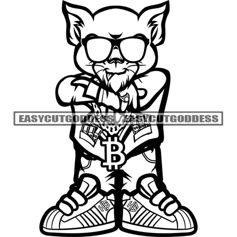 Gangster Old Scarface Cat Holding Hand Wearing Sunglasses Smile Face Design Element Black And White Artwork SVG JPG PNG Vector Clipart Cricut Silhouette Cut Cutting