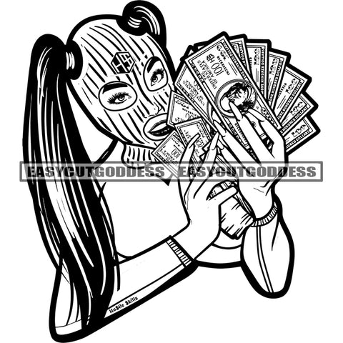 African American Gangster Woman Hand Holding Money Note Design Element Wearing Face Musk Long Hairstyle Smile Face SVG JPG PNG Vector Clipart Cricut Silhouette Cut Cutting