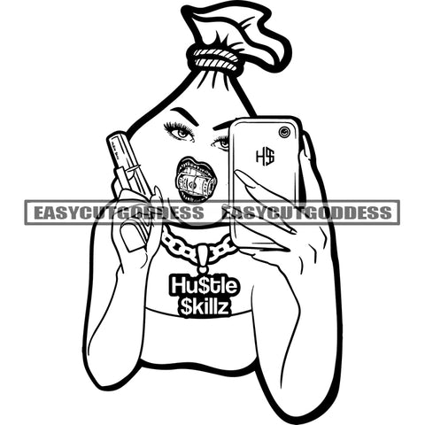 Funny Woman Cartoon Character Hand Holding Gun And Phone Take Selfie Pose Money Bag Head Design Element BW Artwork Money Roll On Mouth SVG JPG PNG Vector Clipart Cricut Silhouette Cut Cutting