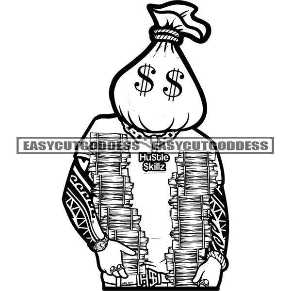 Gangster Money Bag Character Design Element Hand Holding Money Bundle Lot Of Money Dollar Sign On Eyes Wearing Chain SVG JPG PNG Vector Clipart Cricut Silhouette Cut Cutting