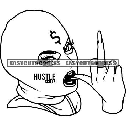 Hustle Skillz Quote Dollar Sign On Head Vector African American Woman Wearing Face Musk Finger Gun Pose Design Element Long Nail Vector SVG JPG PNG Vector Clipart Cricut Silhouette Cut Cutting