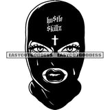 Hustle Skillz Quote Cross Symbol On Head Afro Woman Wearing Black Face Musk Vector BW Artwork African American Gangster Woman SVG JPG PNG Vector Clipart Cricut Silhouette Cut Cutting
