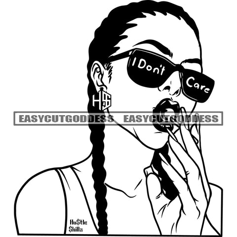 I Don't Care Quote On Sunglasses Vector African American Woman Head Design Element Afro Hairstyle BW Artwork SVG JPG PNG Vector Clipart Cricut Silhouette Cut Cutting