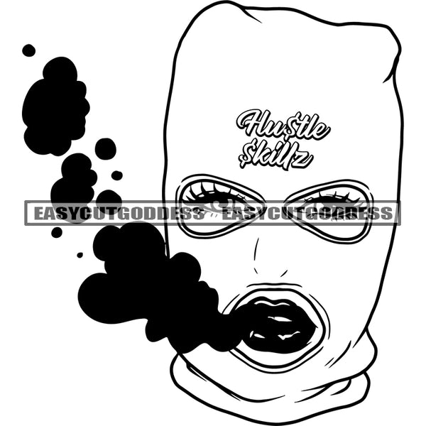 Hustle Skillz Quote On Head Afro Woman Wearing Musk Smoke On Mouth Vector Design Element BW Artwork SVG JPG PNG Vector Clipart Cricut Silhouette Cut Cutting