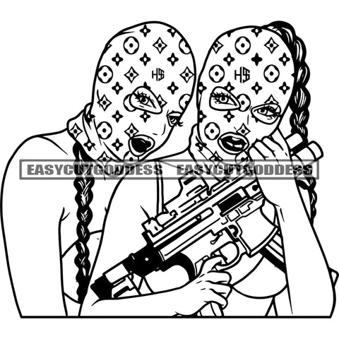 Two African American Woman Hand Holding Gun Weapon Wearing Musk Long Hairstyle Design Element BW Artwork SVG JPG PNG Vector Clipart Cricut Silhouette Cut Cutting