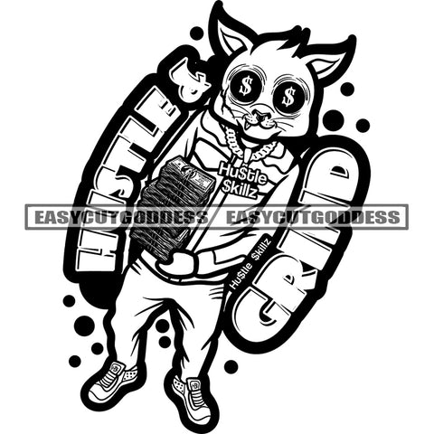 Gangster Scarface Cat Holding Lot Of Money Bundle Design Element Dollar Sign On Cat Eyes Wearing Chain BW Artwork SVG JPG PNG Vector Clipart Cricut Silhouette Cut Cutting