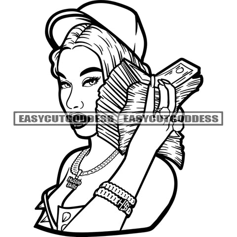 African American Woman Holding Money Bundle Use Hand Phone Wearing Cap BW Artwork Afro Sexy Woman Side Face SVG JPG PNG Vector Clipart Cricut Silhouette Cut Cutting