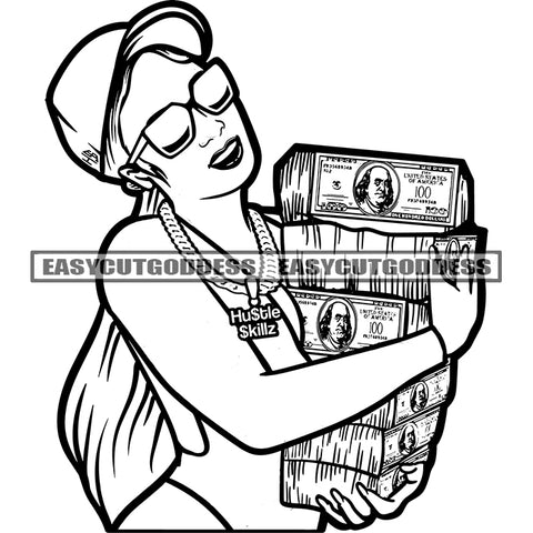 Gangster Woman Holding Lot Of Money Bundle Wearing Sunglasses And Cap Smile Face BW Artwork Design Element Wearing Bikini SVG JPG PNG Vector Clipart Cricut Silhouette Cut Cutting