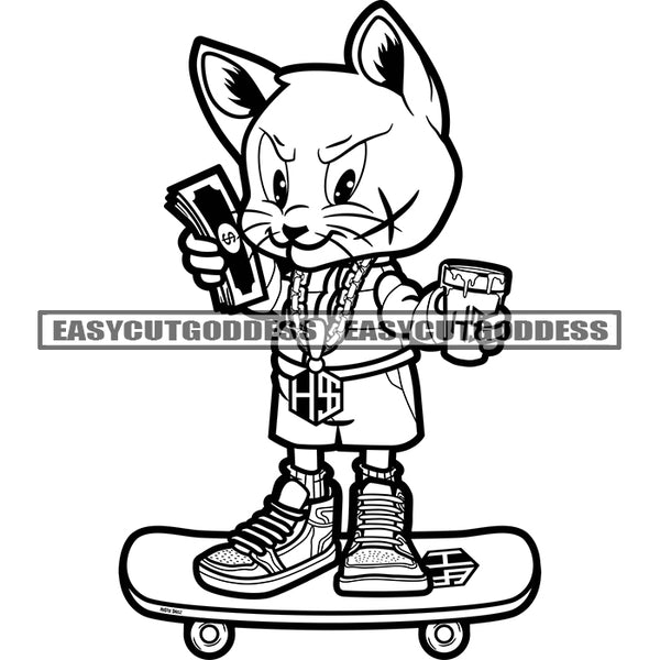 Gangster Scarface Cat On Skate Boat Cat Holding Coffee Mug And Money Bundle Cat Smile Face BW Artwork Design Element SVG JPG PNG Vector Clipart Cricut Silhouette Cut Cutting