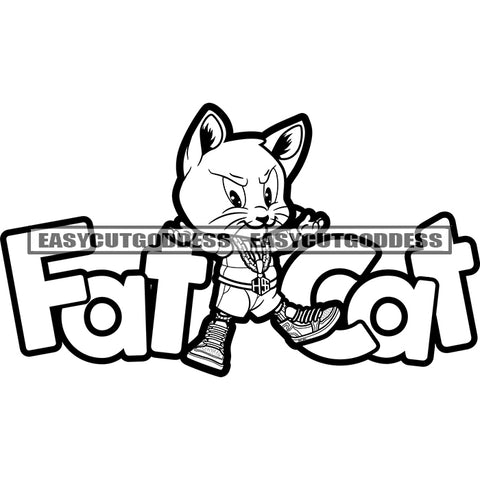 Fat Cat Quote Gangster Cat Baby Smile Face Sleeping Design Element BW Artwork Wearing Chain SVG JPG PNG Vector Clipart Cricut Silhouette Cut Cutting