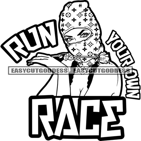 Run Your Own Race Quote African American Woman Wearing Face Musk Afro Long Hairstyle Rose Flower On Hand Design Element SVG JPG PNG Vector Clipart Cricut Silhouette Cut Cutting