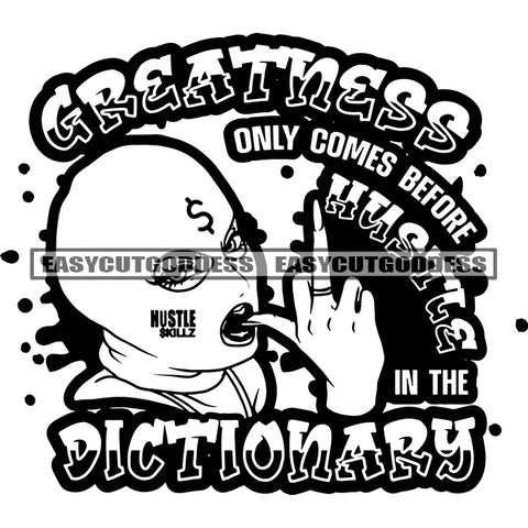 Greatness Only Comes Before Hustle In The Dictionary Quote African American Woman Wearing Face Musk Afro Woman Showing Middle Finger BW Artwork Design Element SVG JPG PNG Vector Clipart Cricut Silhouette Cut Cutting