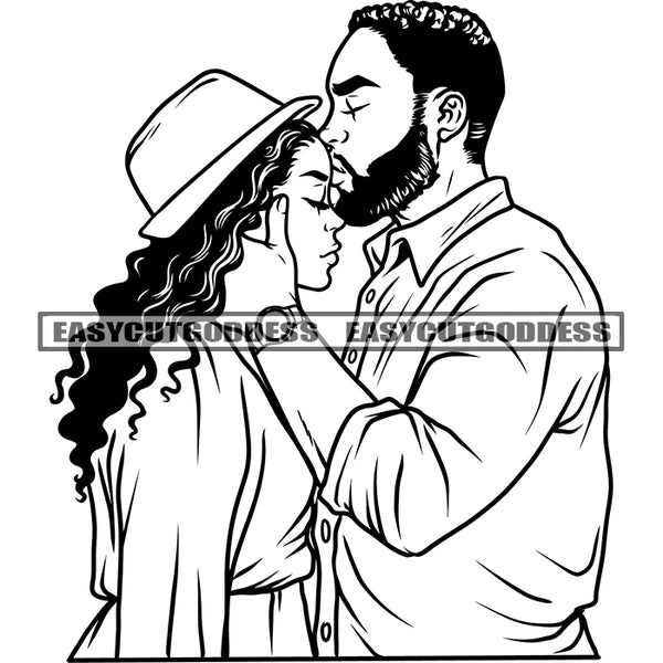 African American Romantic Couple Hugging And Kissing Pose Wearing Hat Afro And Curly Hairstyle Design Element SVG JPG PNG Vector Clipart Cricut Silhouette Cut Cutting