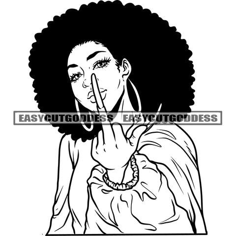 Black And White Artwork African American Woman Showing Middle Finger Afro Hairstyle Design Element Wearing Hoop Earing Afro Hairstyle SVG JPG PNG Vector Clipart Cricut Silhouette Cut Cutting