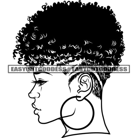 African American Short Hairstyle Woman Side Face Design Element Wearing Hoop Earing Vector Artwork SVG JPG PNG Vector Clipart Cricut Silhouette Cut Cutting