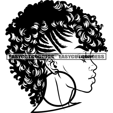 Woman Wearing Hoop Earing And Cloe Eyes Sexy African American Woman Head Design Element Afro Short Hairstyle Side Look Vector BW Artwork SVG JPG PNG Vector Clipart Cricut Silhouette Cut Cutting