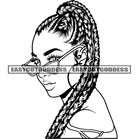 African American Woman Wearing Sunglasses And Hoop Earing Locus Hairstyle Design Element BW Artwork SVG JPG PNG Vector Clipart Cricut Silhouette Cut Cutting